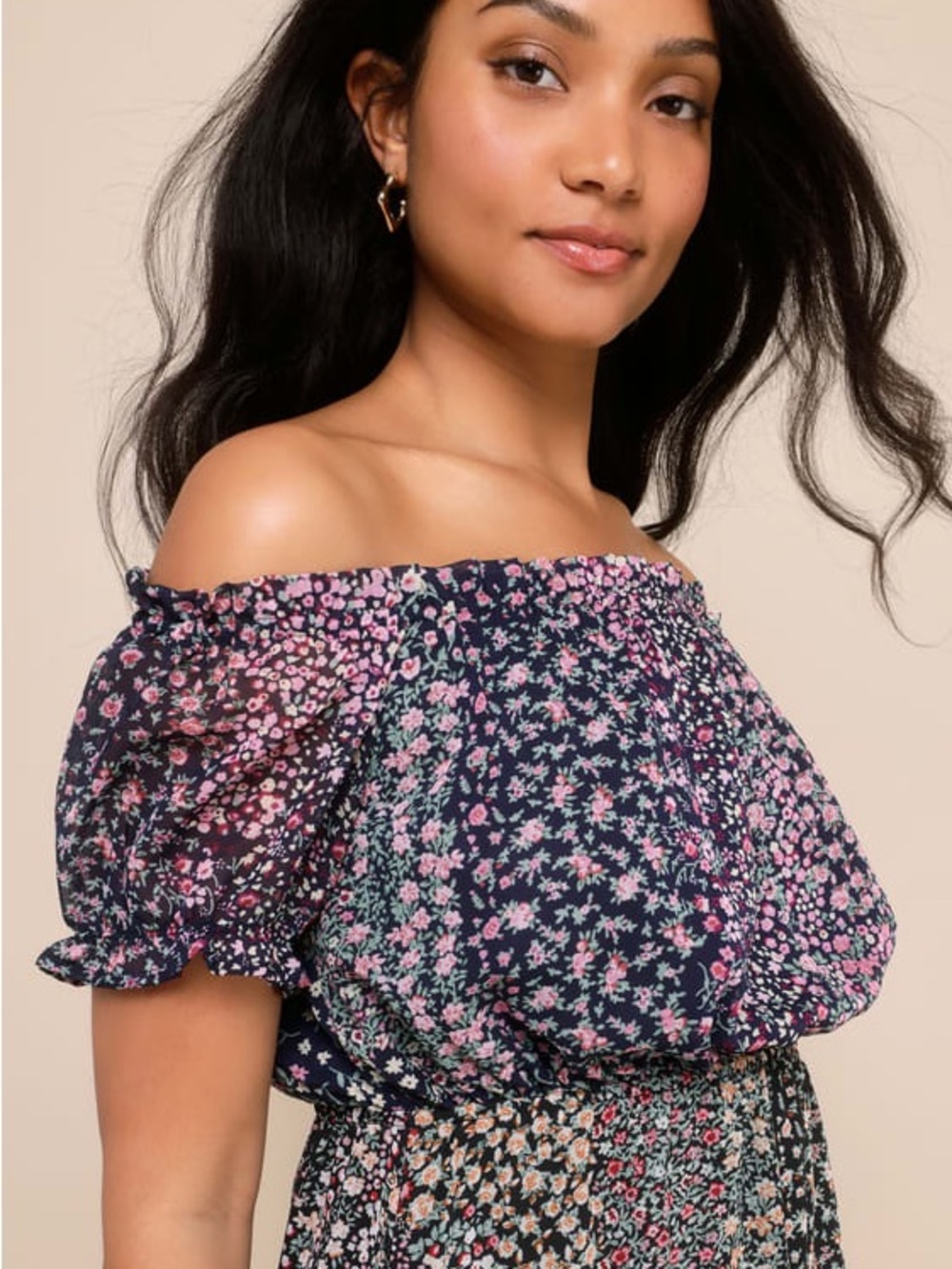 Lulus Neva Navy Blue Floral Print Off-the-shoulder Maxi Dress - Size L - Picture 13 of 14
